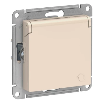 Розетка 1-ая электрическая, с заземлением и крышкой, защитными шторками (безвинтовой зажим), Бежевый, серия Atlas Design, Schneider Electric